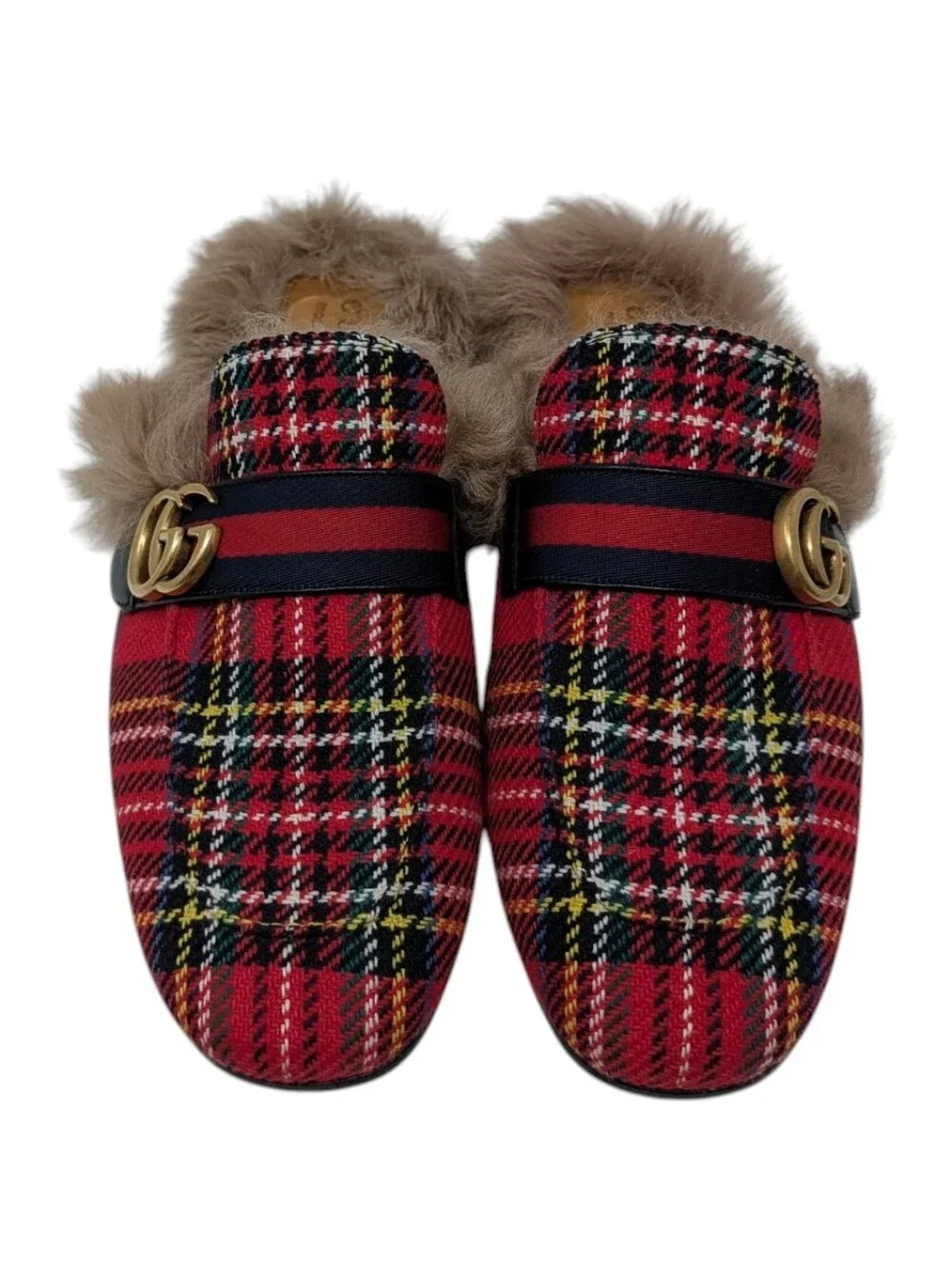 NEW Gucci GG Men's Red Plaid Fur Princetown Loafer Size 9.5